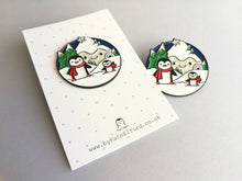 Load image into Gallery viewer, Penguin enamel brooch, snow and happy mountains, Christmas pin, penguin winter gift, enamel pins