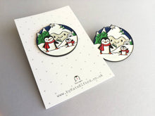 Load image into Gallery viewer, Seconds - Penguin enamel brooch, snow and happy mountains