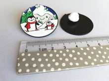 Load image into Gallery viewer, Penguin enamel brooch, snow and happy mountains, Christmas pin, penguin winter gift, enamel pins