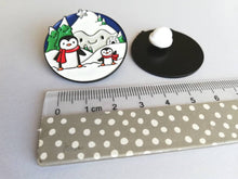 Load image into Gallery viewer, Seconds - Penguin enamel brooch, snow and happy mountains