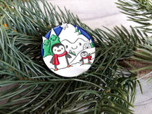 Load image into Gallery viewer, Penguin enamel brooch, snow and happy mountains, Christmas pin, penguin winter gift, enamel pins