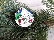 Load image into Gallery viewer, Seconds - Penguin enamel brooch, snow and happy mountains
