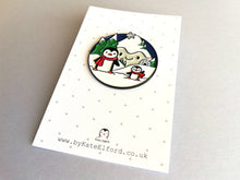 Load image into Gallery viewer, Penguin enamel brooch, snow and happy mountains, Christmas pin, penguin winter gift, enamel pins