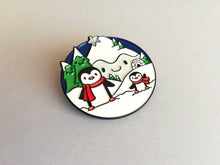 Load image into Gallery viewer, Penguin enamel brooch, snow and happy mountains, Christmas pin, penguin winter gift, enamel pins