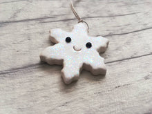Load image into Gallery viewer, Pottery mini snowflake. Little Christmas tag. Hand painted ceramics, glittery snow