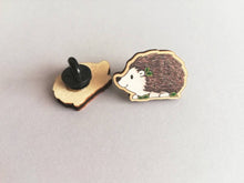 Load image into Gallery viewer, Hedgehog wooden pin, hedgehog badge, woodland brooch, eco friendly wood pins, badges
