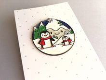 Load image into Gallery viewer, Penguin enamel brooch, snow and happy mountains, Christmas pin, penguin winter gift, enamel pins