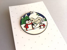 Load image into Gallery viewer, Seconds - Penguin enamel brooch, snow and happy mountains
