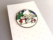 Load image into Gallery viewer, Seconds - Penguin enamel brooch, snow and happy mountains