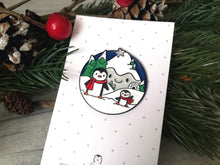 Load image into Gallery viewer, Seconds - Penguin enamel brooch, snow and happy mountains