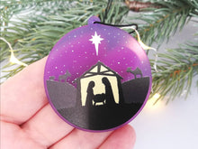 Load image into Gallery viewer, Nativity Christmas tree decoration. Frosted purple acrylic, Stable, tree Christmas ornament