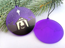 Load image into Gallery viewer, Nativity Christmas tree decoration. Frosted purple acrylic, Stable, tree Christmas ornament