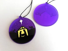 Load image into Gallery viewer, Nativity Christmas tree decoration. Frosted purple acrylic, Stable, tree Christmas ornament