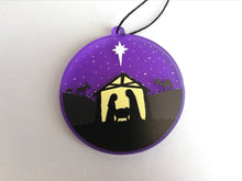 Load image into Gallery viewer, Nativity Christmas tree decoration. Frosted purple acrylic, Stable, tree Christmas ornament