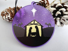 Load image into Gallery viewer, Nativity Christmas tree decoration. Frosted purple acrylic, Stable, tree Christmas ornament