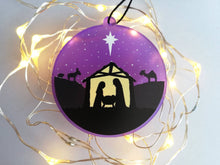 Load image into Gallery viewer, Nativity Christmas tree decoration. Frosted purple acrylic, Stable, tree Christmas ornament