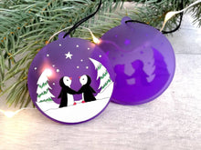 Load image into Gallery viewer, Penguin Christmas tree decoration. Frosted purple acrylic, penguins in the snow, tree Christmas ornament
