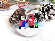 Load image into Gallery viewer, Penguins and postbox Christmas decoration. Recycled acrylic, cute Christmas tree ornament, eco friendly
