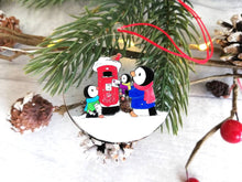 Load image into Gallery viewer, Penguins and postbox Christmas decoration. Recycled acrylic, cute Christmas tree ornament, eco friendly