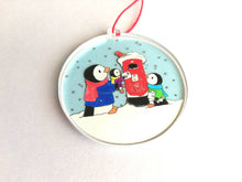 Load image into Gallery viewer, Penguins and postbox Christmas decoration. Recycled acrylic, cute Christmas tree ornament, eco friendly