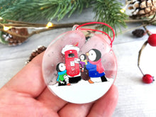 Load image into Gallery viewer, Penguins and postbox Christmas decoration. Recycled acrylic, cute Christmas tree ornament, eco friendly