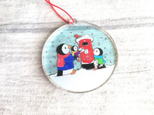 Load image into Gallery viewer, Penguins and postbox Christmas decoration. Recycled acrylic, cute Christmas tree ornament, eco friendly