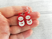 Load image into Gallery viewer, Snowman Christmas earrings, Red frosted acrylic, cute, sterling silver hooks, red Christmas snowman