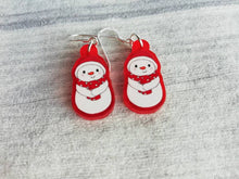Load image into Gallery viewer, Snowman Christmas earrings, Red frosted acrylic, cute, sterling silver hooks, red Christmas snowman