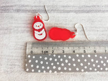 Load image into Gallery viewer, Snowman Christmas earrings, Red frosted acrylic, cute, sterling silver hooks, red Christmas snowman
