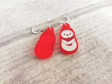 Load image into Gallery viewer, Snowman Christmas earrings, Red frosted acrylic, cute, sterling silver hooks, red Christmas snowman