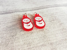 Load image into Gallery viewer, Snowman Christmas earrings, Red frosted acrylic, cute, sterling silver hooks, red Christmas snowman