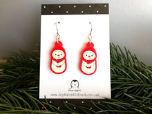 Load image into Gallery viewer, Snowman Christmas earrings, Red frosted acrylic, cute, sterling silver hooks, red Christmas snowman
