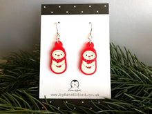 Load image into Gallery viewer, Snowman Christmas earrings, Red frosted acrylic, cute, sterling silver hooks, red Christmas snowman
