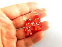 Load image into Gallery viewer, Gingerbread Christmas earrings, Red frosted acrylic, cute, sterling silver hooks, red Christmas gingerbread men