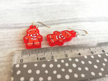 Load image into Gallery viewer, Gingerbread Christmas earrings, Red frosted acrylic, cute, sterling silver hooks, red Christmas gingerbread men