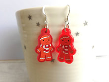 Load image into Gallery viewer, Gingerbread Christmas earrings, Red frosted acrylic, cute, sterling silver hooks, red Christmas gingerbread men