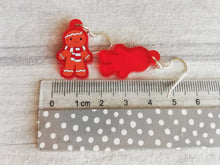 Load image into Gallery viewer, Gingerbread Christmas earrings, Red frosted acrylic, cute, sterling silver hooks, red Christmas gingerbread men