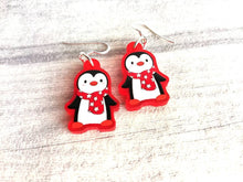 Load image into Gallery viewer, Penguin Christmas earrings, Red frosted acrylic, cute, sterling silver hooks, red Christmas penguins