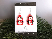 Load image into Gallery viewer, Penguin Christmas earrings, Red frosted acrylic, cute, sterling silver hooks, red Christmas penguins