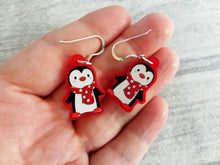 Load image into Gallery viewer, Penguin Christmas earrings, Red frosted acrylic, cute, sterling silver hooks, red Christmas penguins