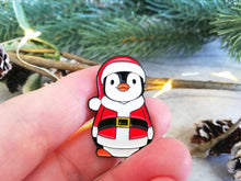 Load image into Gallery viewer, Happy Christmas Santa penguin enamel pin, Father Christmas, Boo the penguin, Christmas brooch
