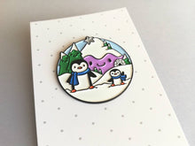 Load image into Gallery viewer, Penguin enamel pin, snow and mountains, Christmas brooch, penguin winter brooch, enamel pins