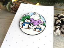 Load image into Gallery viewer, Penguin enamel pin, snow and mountains, Christmas brooch, penguin winter brooch, enamel pins