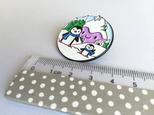 Load image into Gallery viewer, Penguin enamel pin, snow and mountains, Christmas brooch, penguin winter brooch, enamel pins