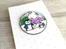 Load image into Gallery viewer, Penguin enamel pin, snow and mountains, Christmas brooch, penguin winter brooch, enamel pins