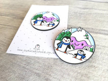 Load image into Gallery viewer, Penguin enamel pin, snow and mountains, Christmas brooch, penguin winter brooch, enamel pins