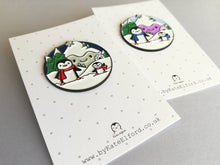 Load image into Gallery viewer, Penguin enamel pin, snow and mountains, Christmas brooch, penguin winter brooch, enamel pins