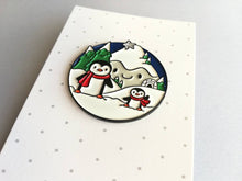 Load image into Gallery viewer, Penguin enamel brooch, snow and happy mountains, Christmas pin, penguin winter gift, enamel pins