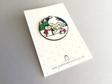 Load image into Gallery viewer, Penguin enamel brooch, snow and happy mountains, Christmas pin, penguin winter gift, enamel pins