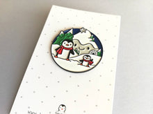 Load image into Gallery viewer, Penguin enamel brooch, snow and happy mountains, Christmas pin, penguin winter gift, enamel pins
